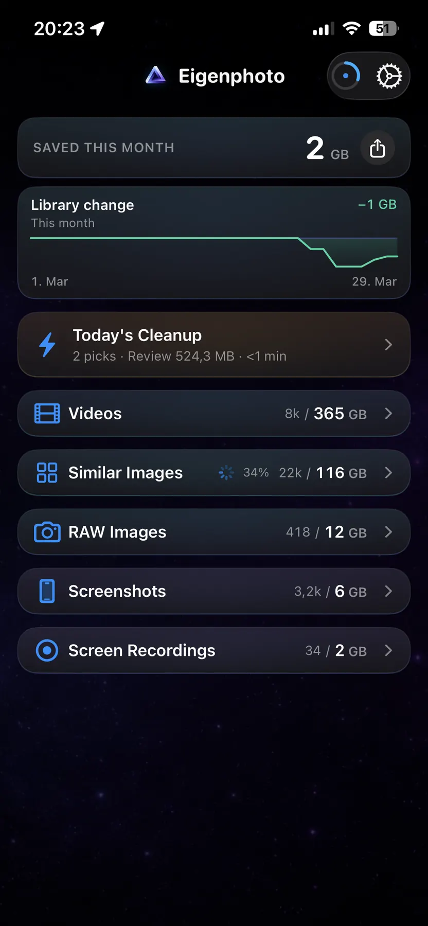 Eigenphoto dashboard showing cleanup filters and storage savings